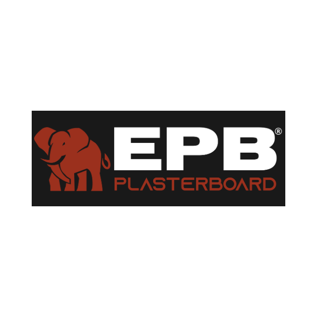 Logo for EPB Plasterboard featuring a red elephant on a black background with white and red text.