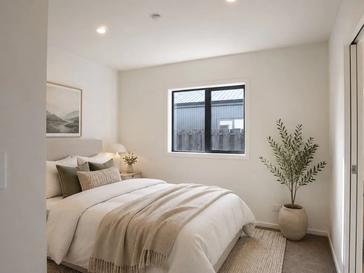 A minimalist bedroom with a white bed, beige and green pillows, a small bedside table with a lamp and plant, a window showing a fence and exterior building, and a large potted plant in a cream-colored pot.