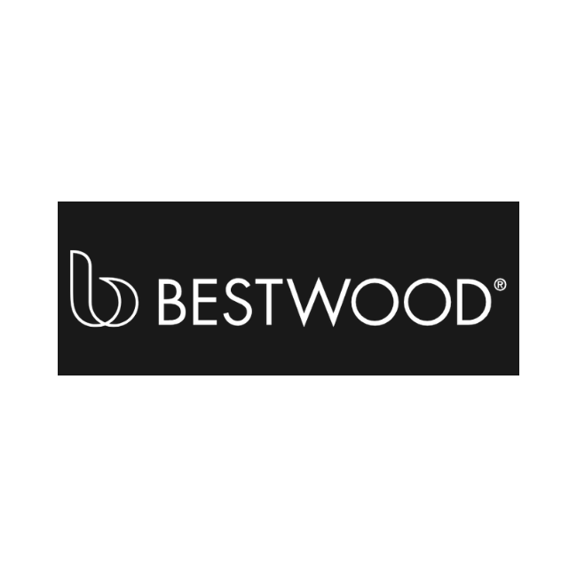 Bestwood logo with stylized leaf icon and text on a black background
