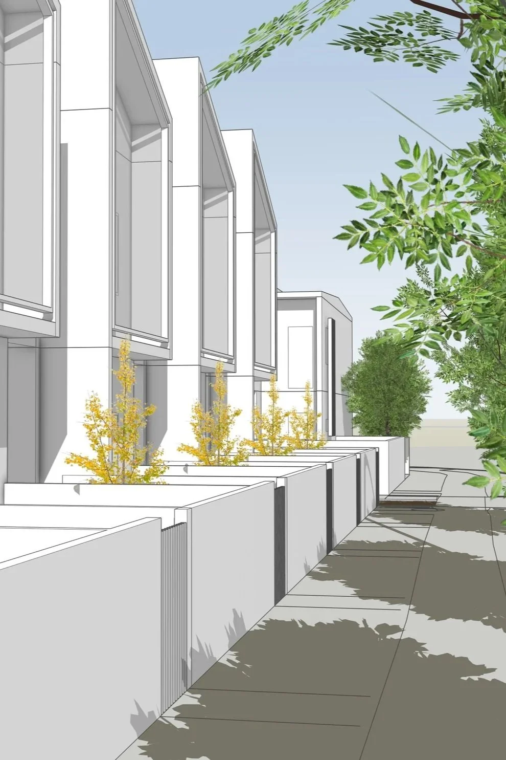 Digital rendering of a modern residential street with white townhouse-style buildings, landscaped front yards with yellow trees, and a sidewalk shaded by green trees under a clear sky.
