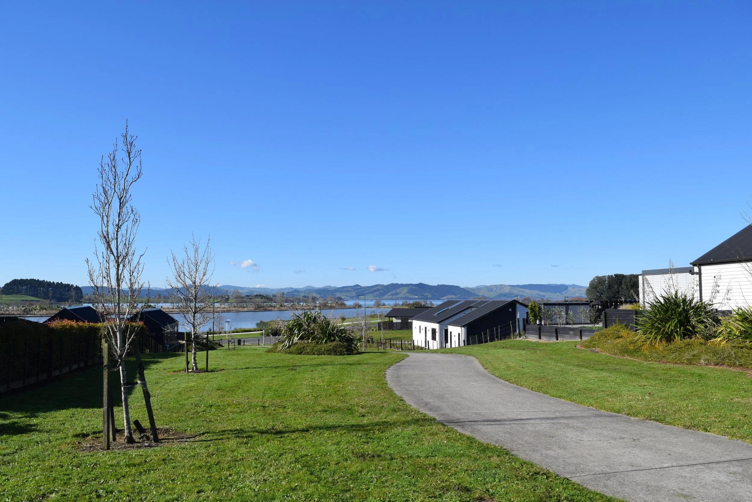 A peaceful suburban scene with a winding pathway through a grassy yard, bare trees, modern houses, a body of water, hills in the background, and a bright blue sky.