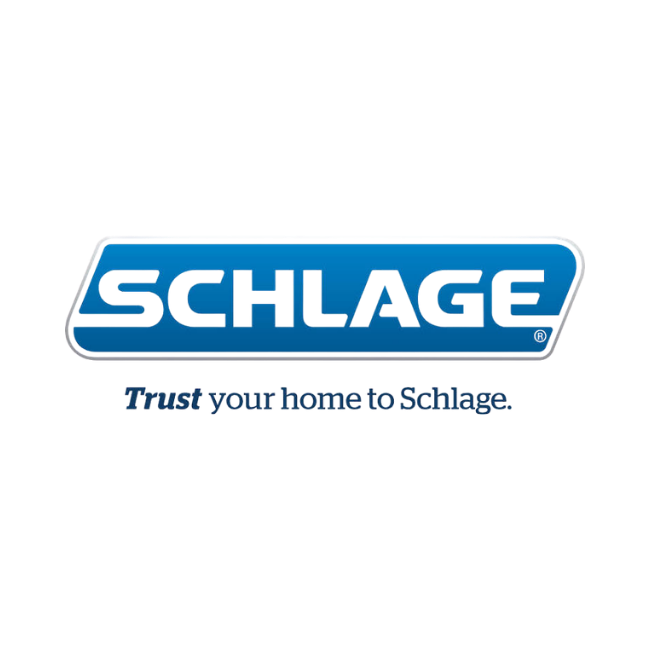 Schlage logo with the slogan 'Trust your home to Schlage' in blue text.