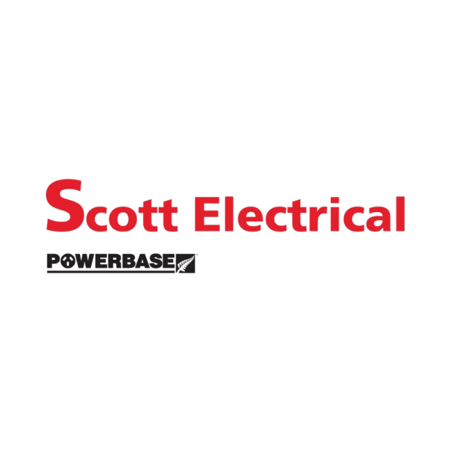 Logo of Scott Electrical with text 'Scott Electrical' in red, 'POWERBASE' in black, and a small power line icon.