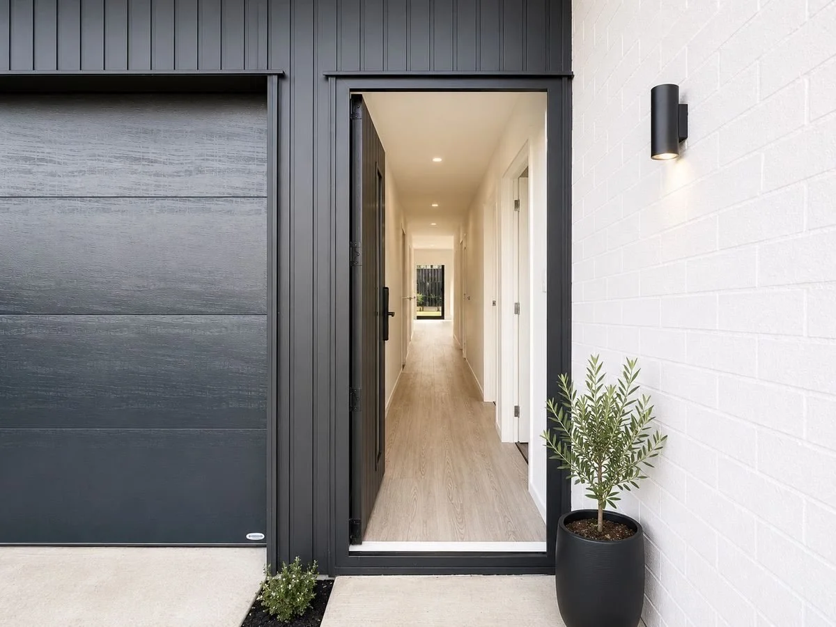 View into a modern house hallway through a black front door, with a potted plant on the outside and white and black walls.
