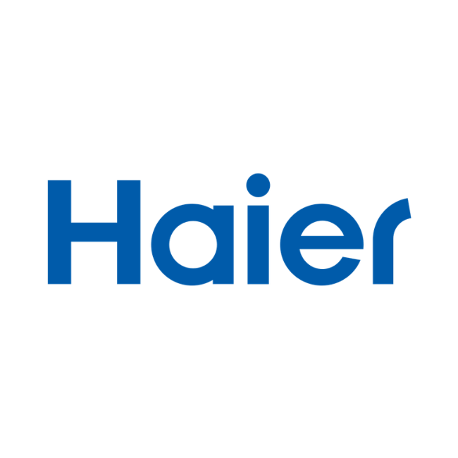 Haier company logo in blue text with a stylized blue 'H' on top of the word 'Haier'.
