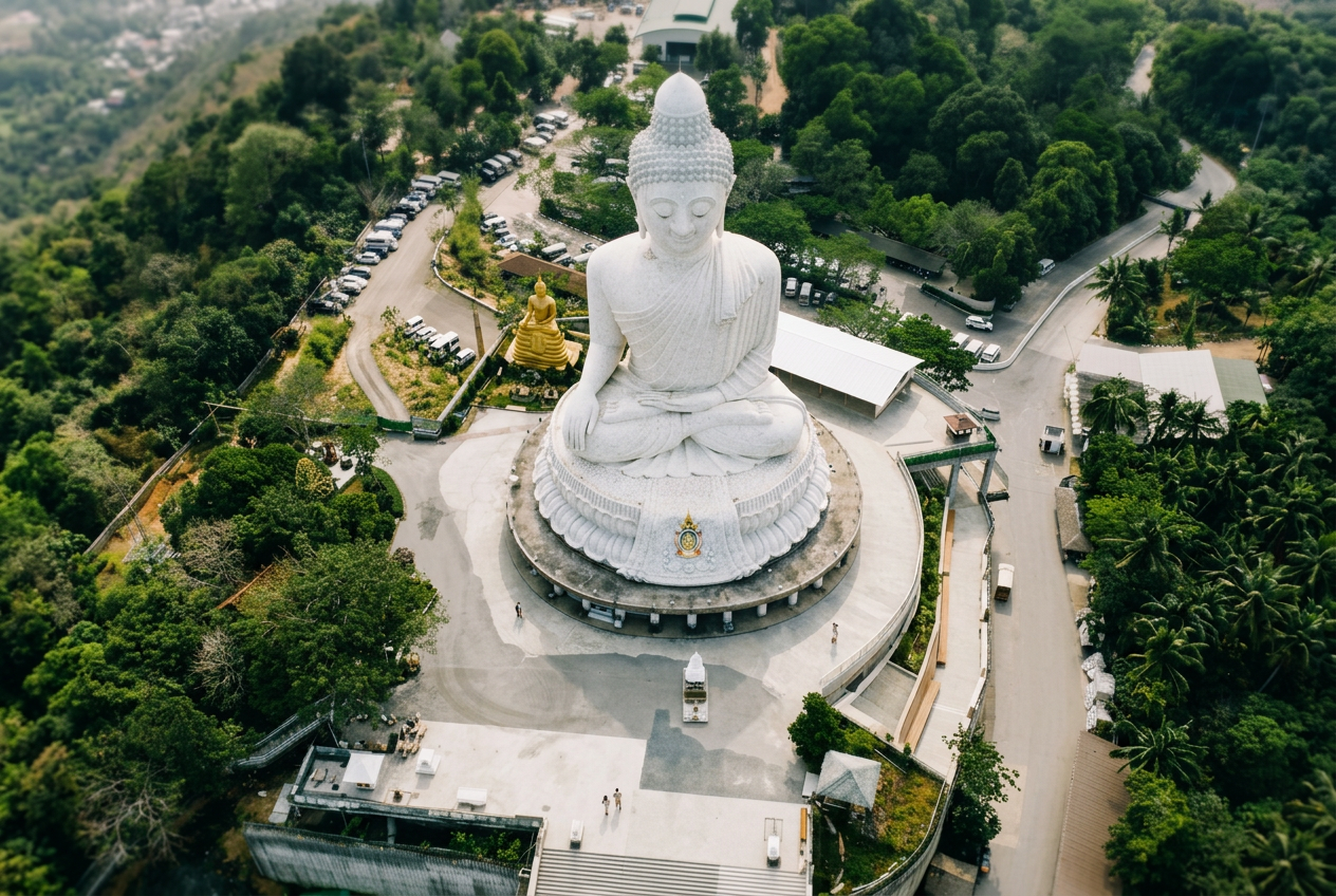 A large white seated Buddha statue is outdoor on a hilltop surrounded by lush green trees, with roads and parking lot beneath.