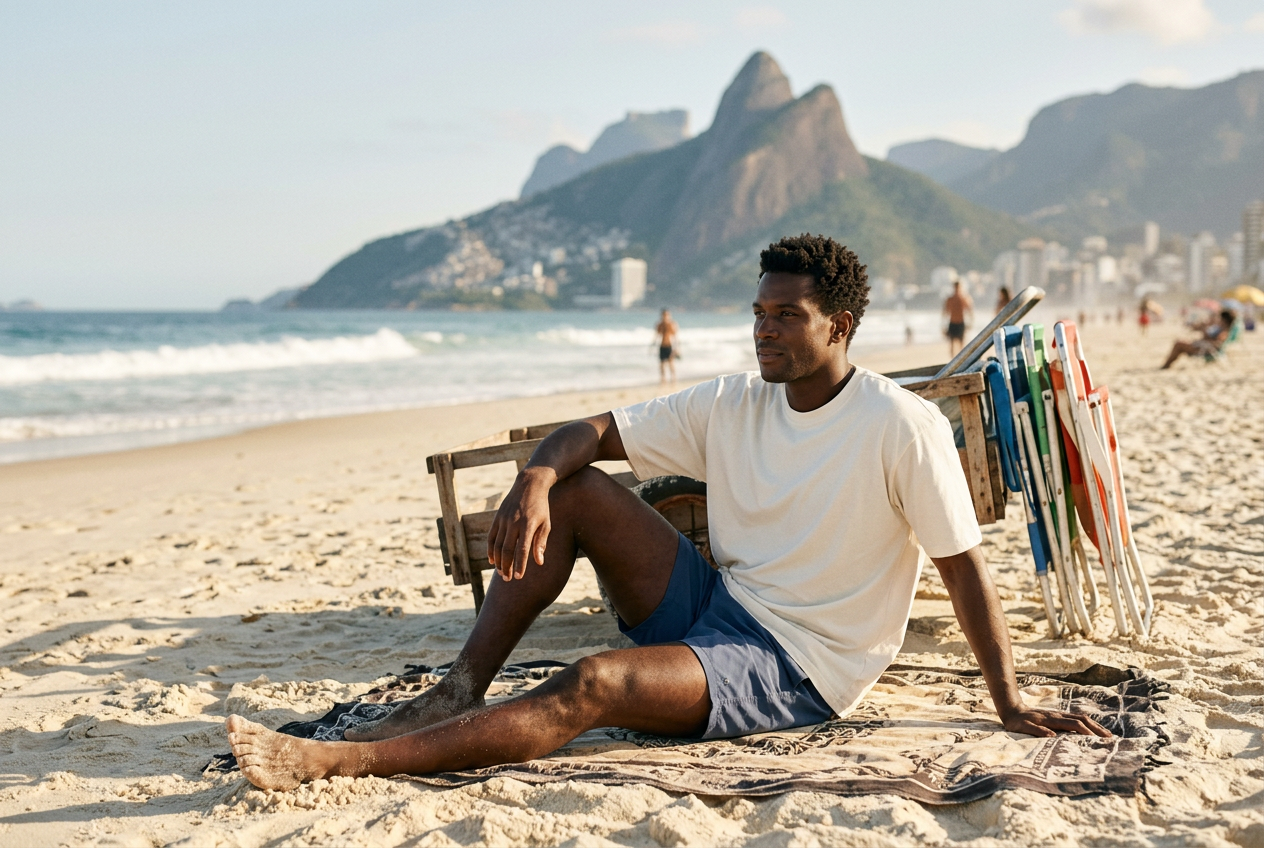 A man sitting on a beach with colorful beach chairs stacked nearby, mountains in the background, and the ocean waves approaching the shore.