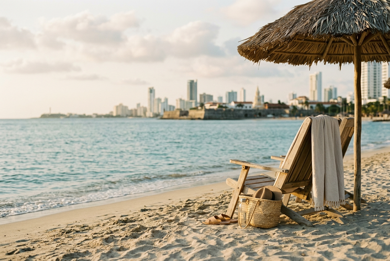 Empty wooden lounge chair under a thatched beach umbrella on sandy beach, with city skyline in background during sunset.