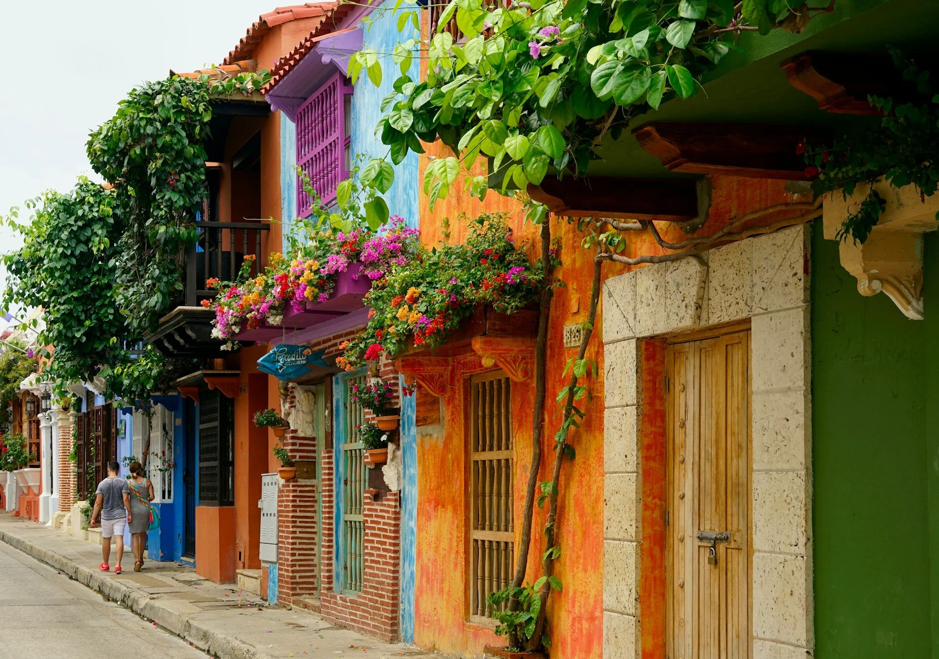Colorful street scene with houses painted in vibrant shades of orange, blue, green, and purple, decorated with flowers and greenery, with two people walking on the sidewalk.