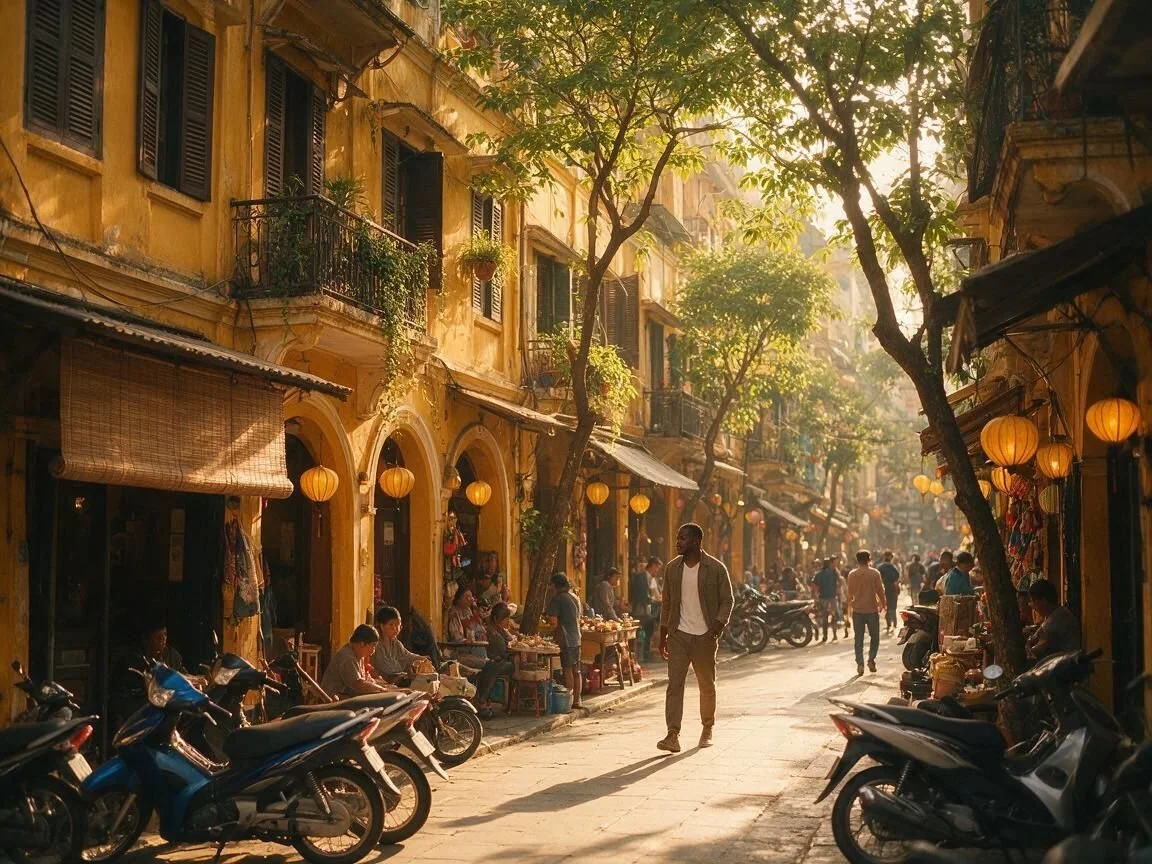 Street scene with yellow buildings, trees, scooters parked, and people walking and shopping under warm sunlight.