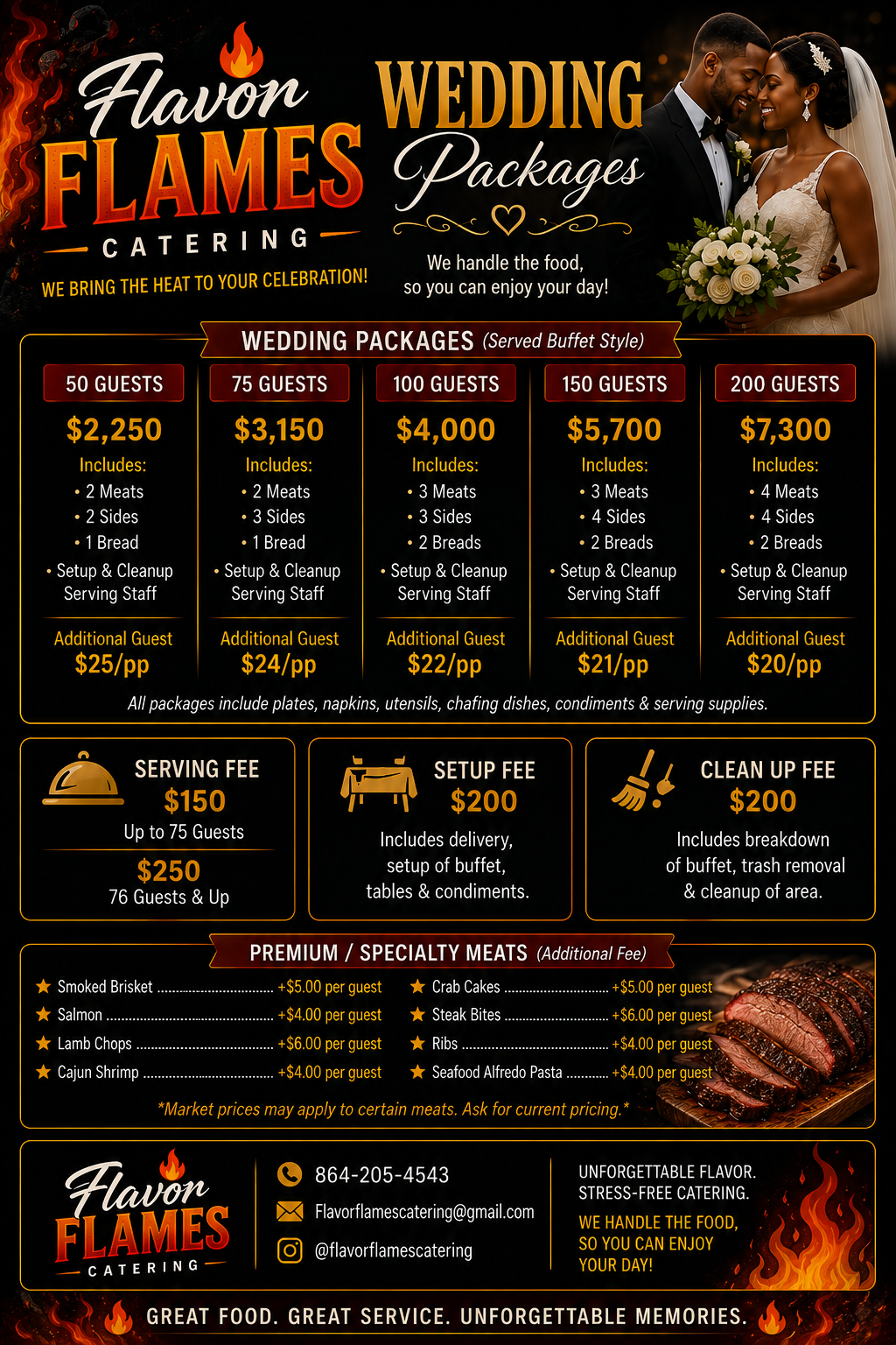 Catering menu for Flavor Flames featuring wedding packages that serve 50 to 200 guests, including options for additional guests, fees, and premium meat add-ons, with a picture of a smiling bride and groom holding a bouquet.