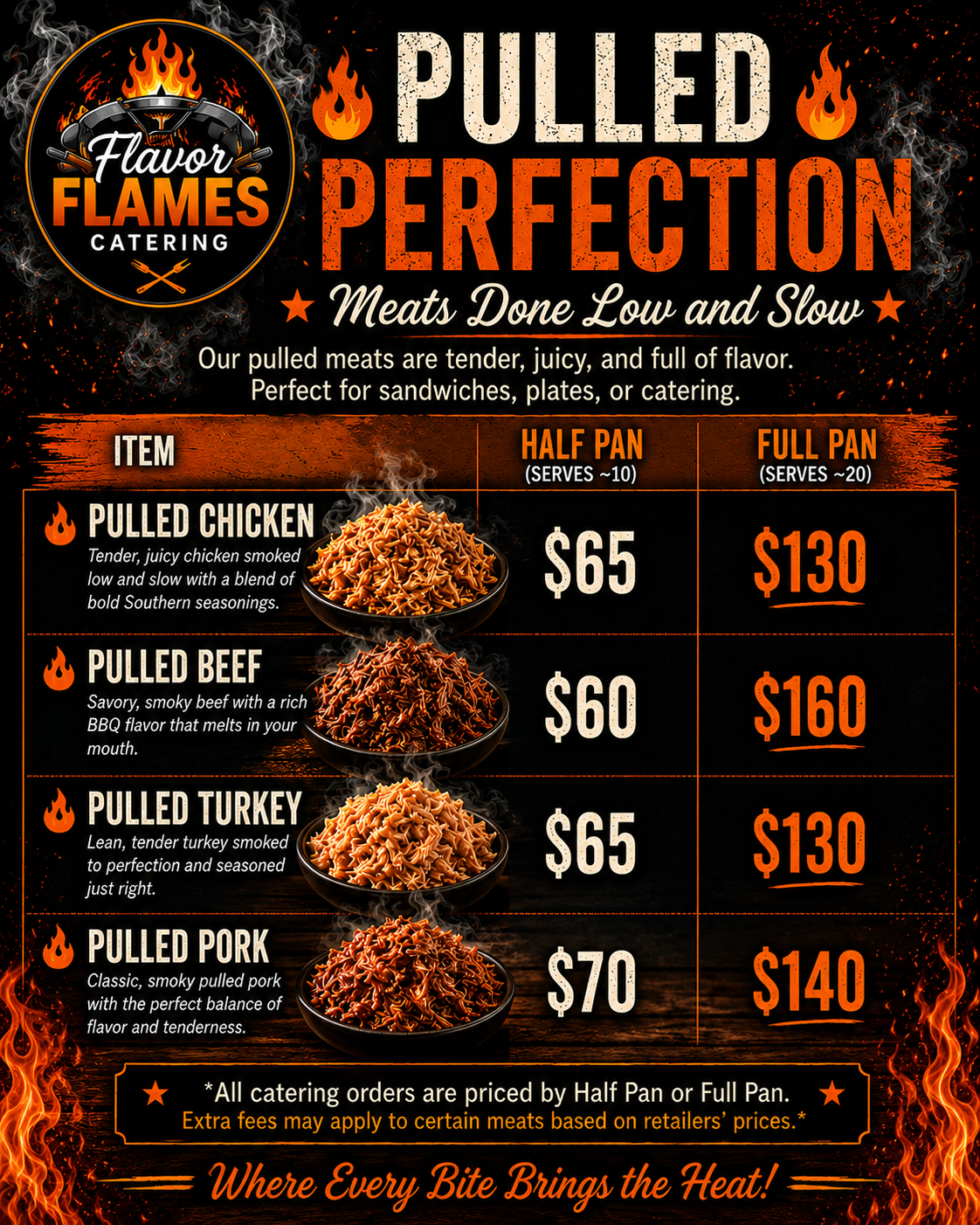 A menu poster for Flavor Flames Catering featuring pulled meats, including pulled chicken, beef, turkey, and pork, with prices for half and full pans.