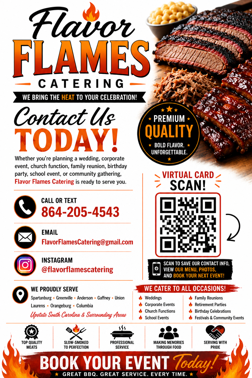 Flyer for Flavor Flames Catering featuring images of smoked meats, including brisket and ribs, with a bowl of beans on the side.