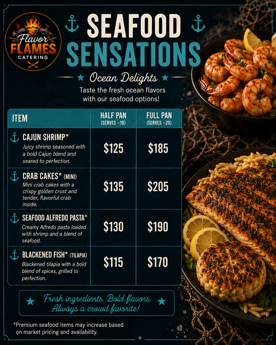 Menu of seafood dishes including Cajun shrimp, crab cakes, seafood alfredo pasta, blackened fish with prices for half and full pans. Photos of cooked shrimp, fish, and crab cakes.