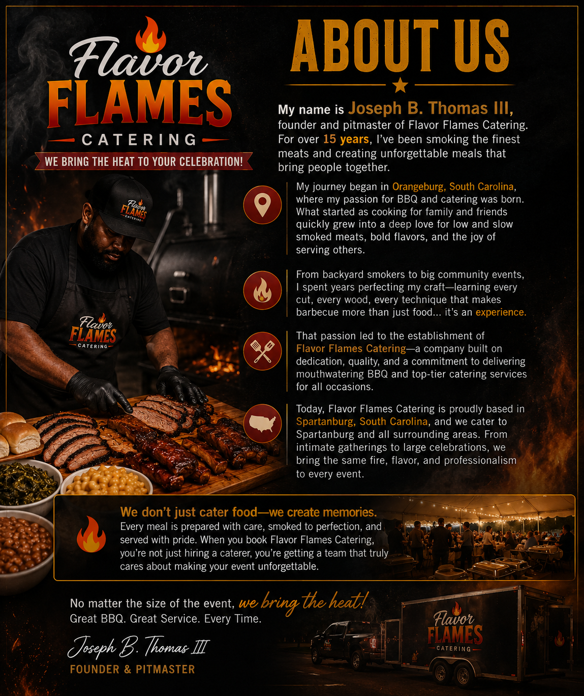 An informational poster for Flavor Flames Catering featuring a man in black attire slicing smoked meats and several bowls of side dishes. The poster includes about us text, icons, and images of a catering truck and a gathering of people at an outdoor event.