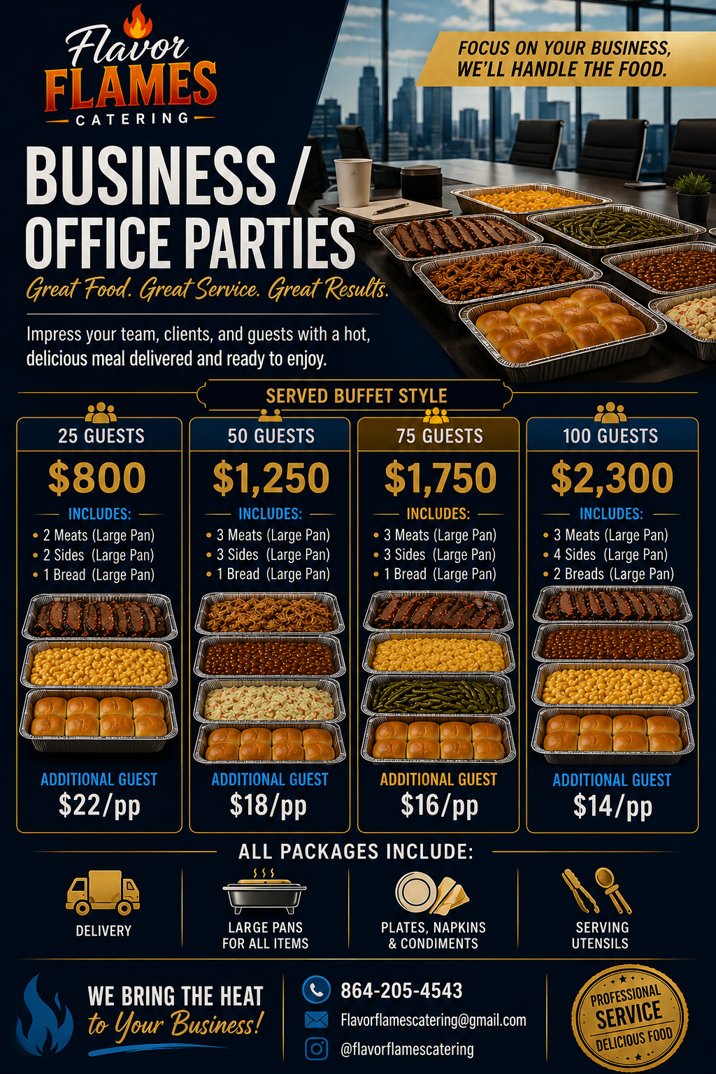 A catering menu for Flavor Flames Catering, showing different package options for business and office parties, with trays of food including meats, sides, and bread, along with contact information.