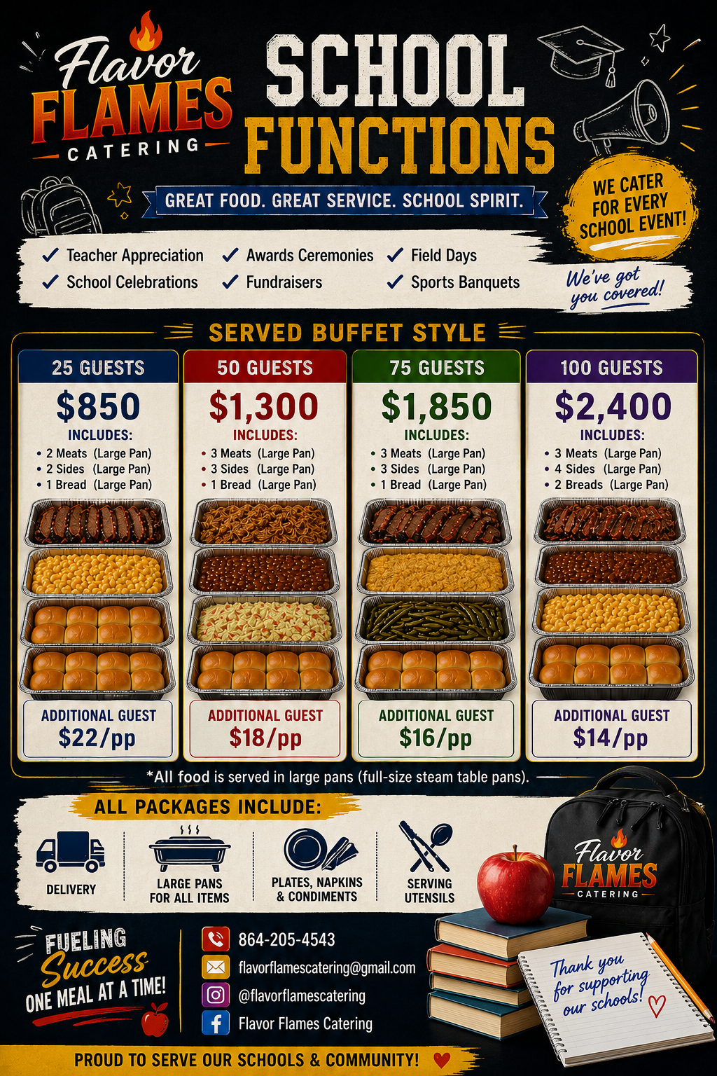 Catering menu for school events by Flavor Flames, featuring meal packages for 25, 50, 75, and 100 guests, including meats, sides, bread, and additional guest options, with delivery and serving supplies information.