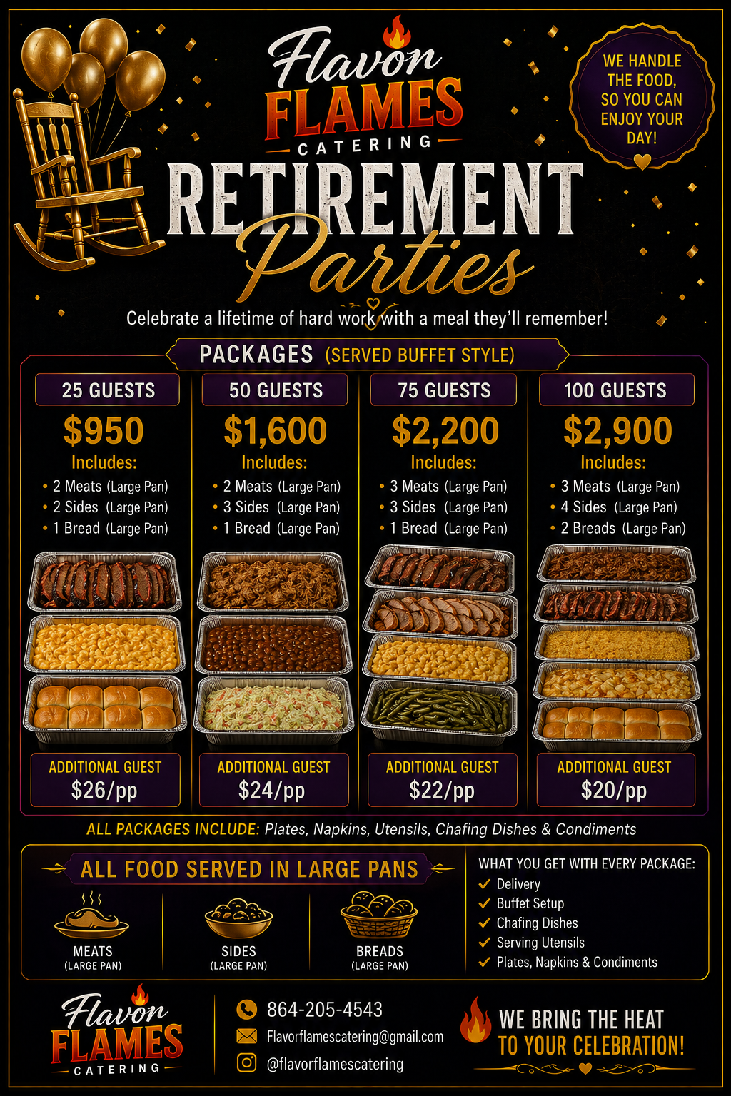 Promotional poster for Flavon Flames Catering retirement parties, with golden balloons and rocking chair graphic. Offers buffet-style packages for 25, 50, 75, and 100 guests, including meats, sides, bread, and additional guests pricing. Features contact info and service details.