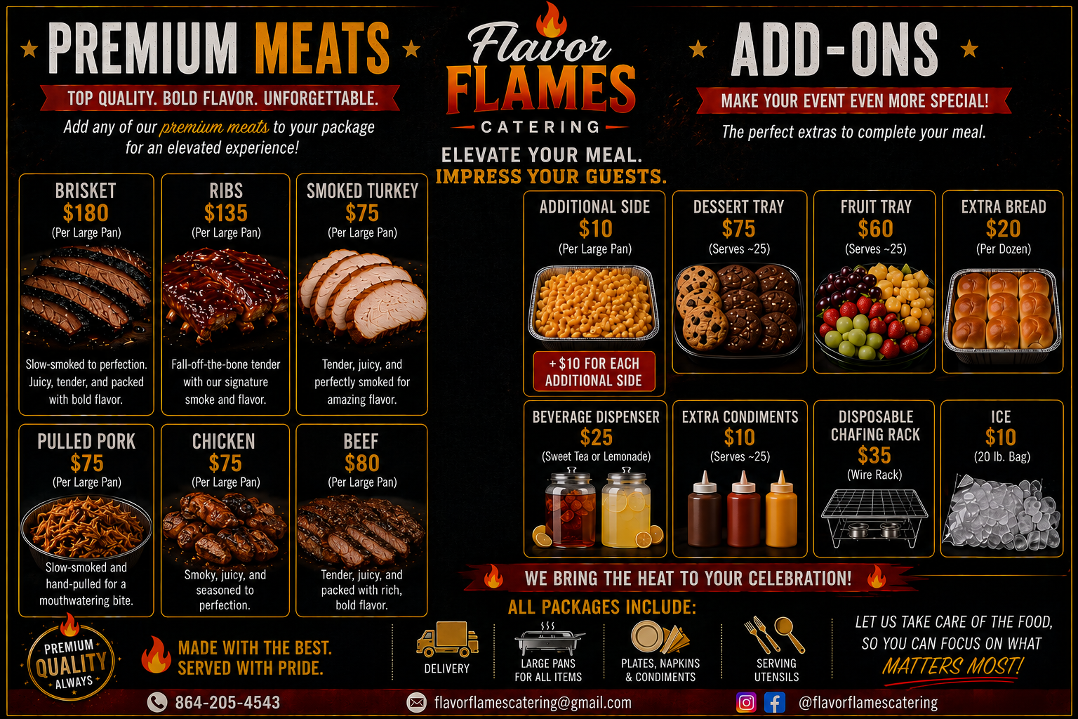 Catering menu from Flavor Flames Coffee with options for premium meats, add-ons, sides, desserts, and beverages. Features images of smoked meats, sides, desserts, bread, and drink dispensers.