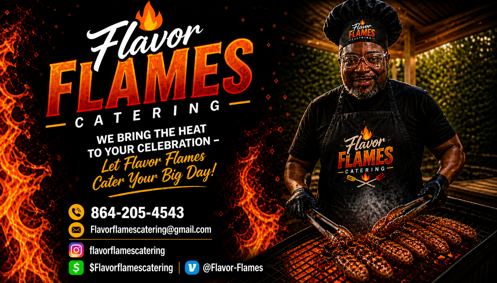 A man wearing a black apron and chef hat with the Flavor Flames Catering logo grilling sausages on a barbecue grill. The background features a covered outdoor space with greenery.