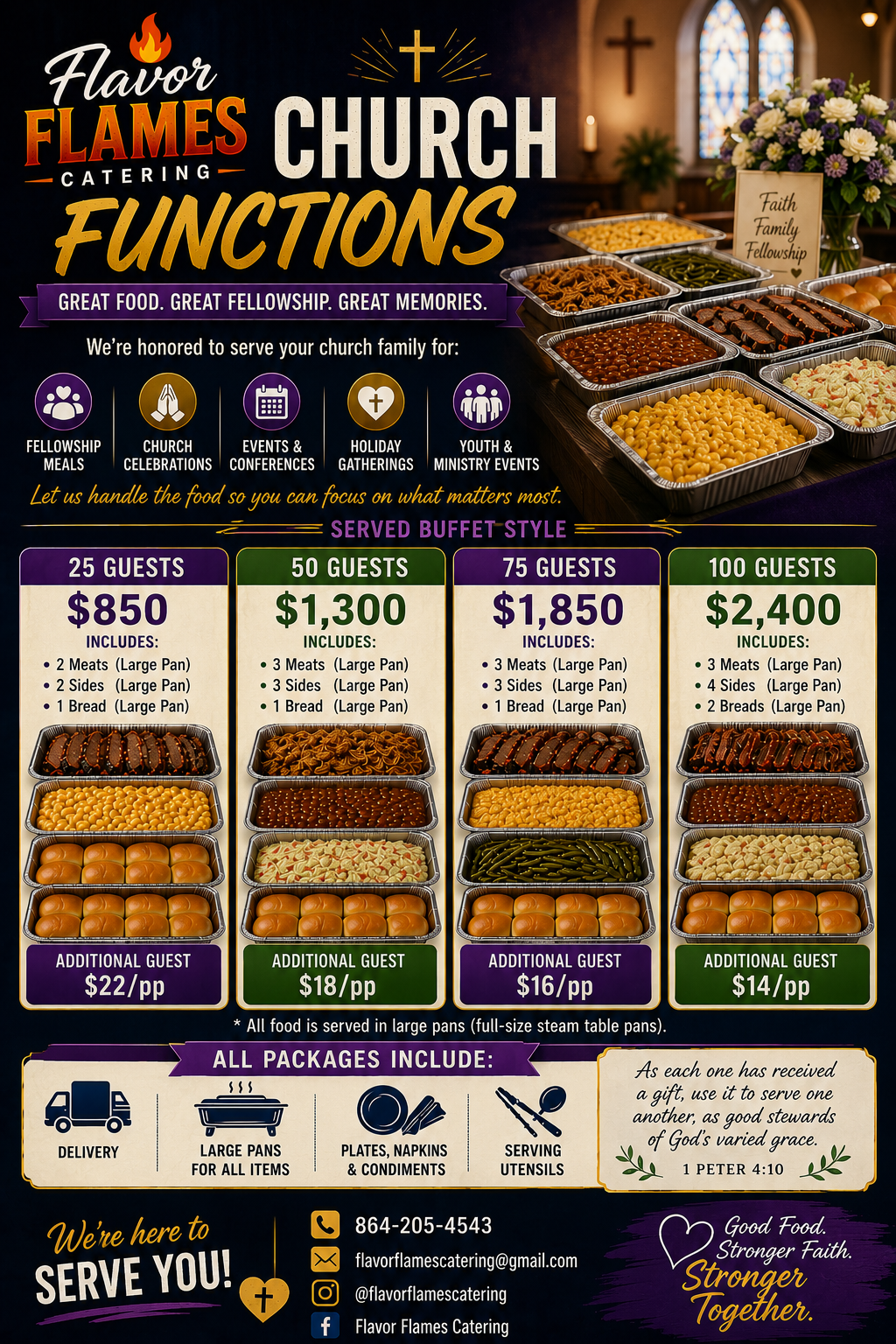 Flyer advertising church catering with a buffet of food, including trays of macaroni and cheese, green beans, baked beans, roast, and bread, set against a church interior background with stained glass windows and flowers.