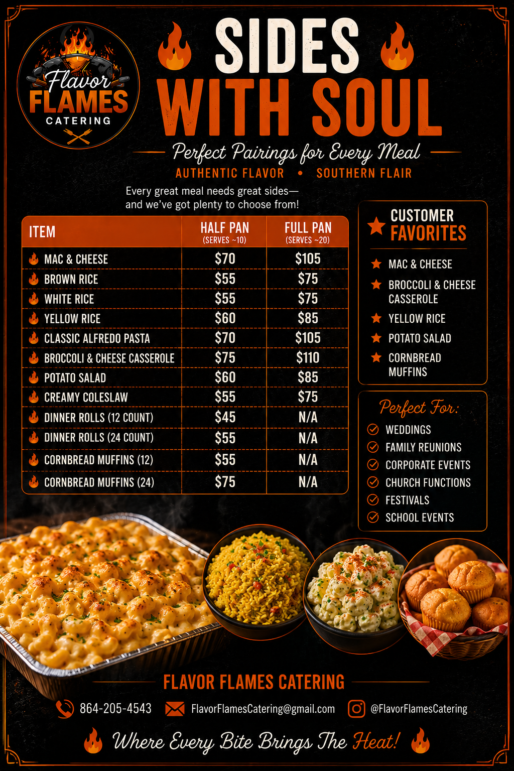 Menu poster for Flavor Flames Catering featuring various side dishes with prices, including mac & cheese, brown rice, white rice, yellow rice, pasta, casseroles, potato salad, coleslaw, and muffins. The poster emphasizes pairing sides with meals for occasions like weddings, family reunions, and corporate events.
