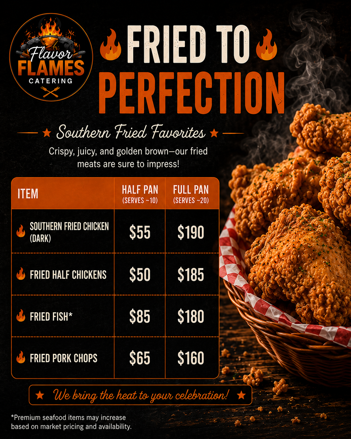 Menu from Flavor Flames Catering offering southern fried favorites with pictures of fried chicken, fish, pork chops on a dark background.