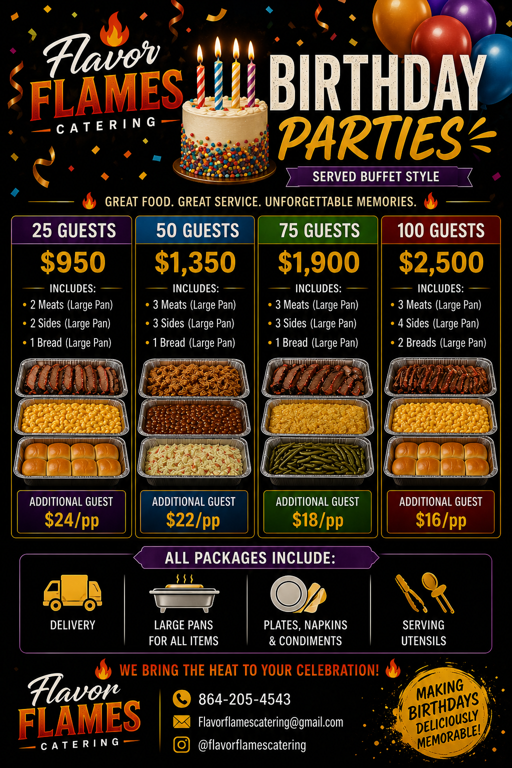 Catering menu for Flavor Flames Catering showcasing birthday party packages for 25, 50, 75, and 100 guests with images of grilled meats, sides, and rolls; festive decorations, balloons, and a birthday cake with lit candles.