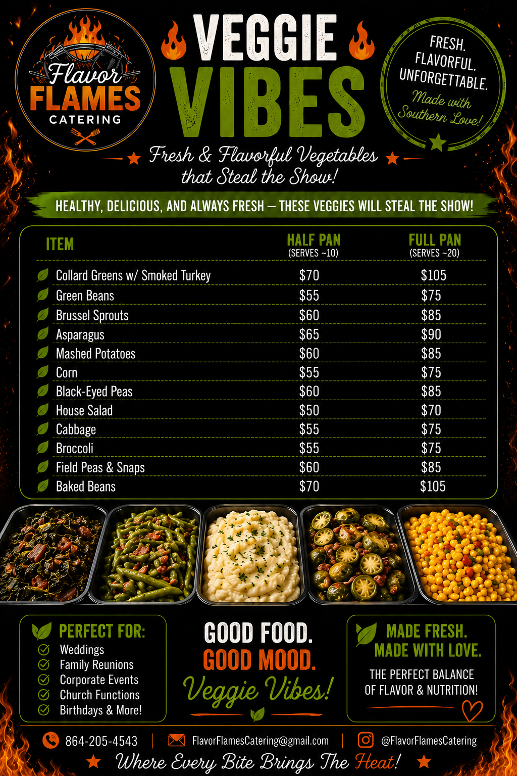 Catering menu for veggie dishes with images of cooked green beans, macaroni, Brussels sprouts, and other vegetables.