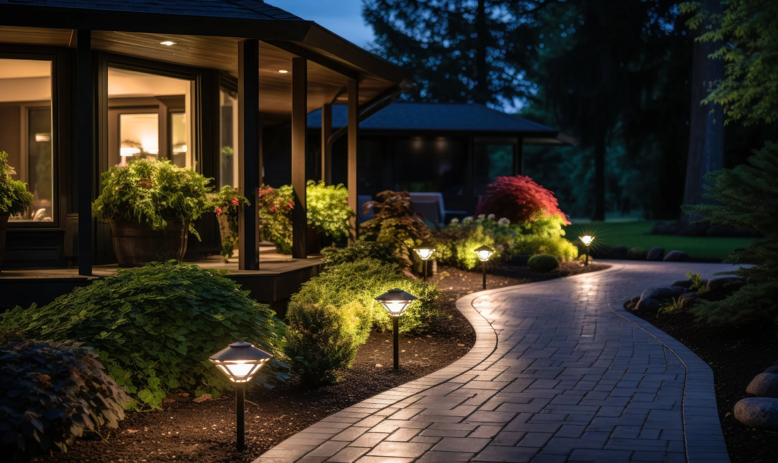 A modern house at night with illuminated windows, a curved stone pathway, landscaped garden with shrubs and trees, and outdoor lighting along the path.