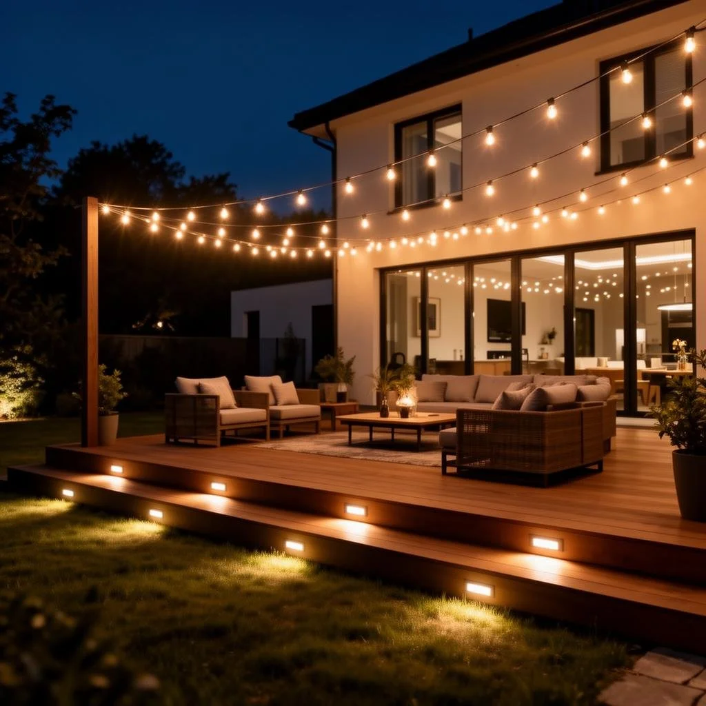 Outdoor wooden deck with cushioned seating area, string lights overhead, and exterior lighting illuminating the steps at night. House with large glass windows in the background.