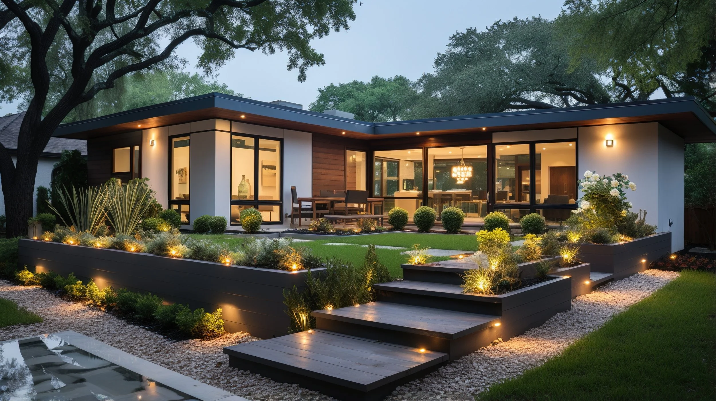 Modern single-story house with large glass windows overlooking a landscaped backyard with stepped wooden planks, garden beds illuminated by small lights, and mature trees surrounding the house at dusk.