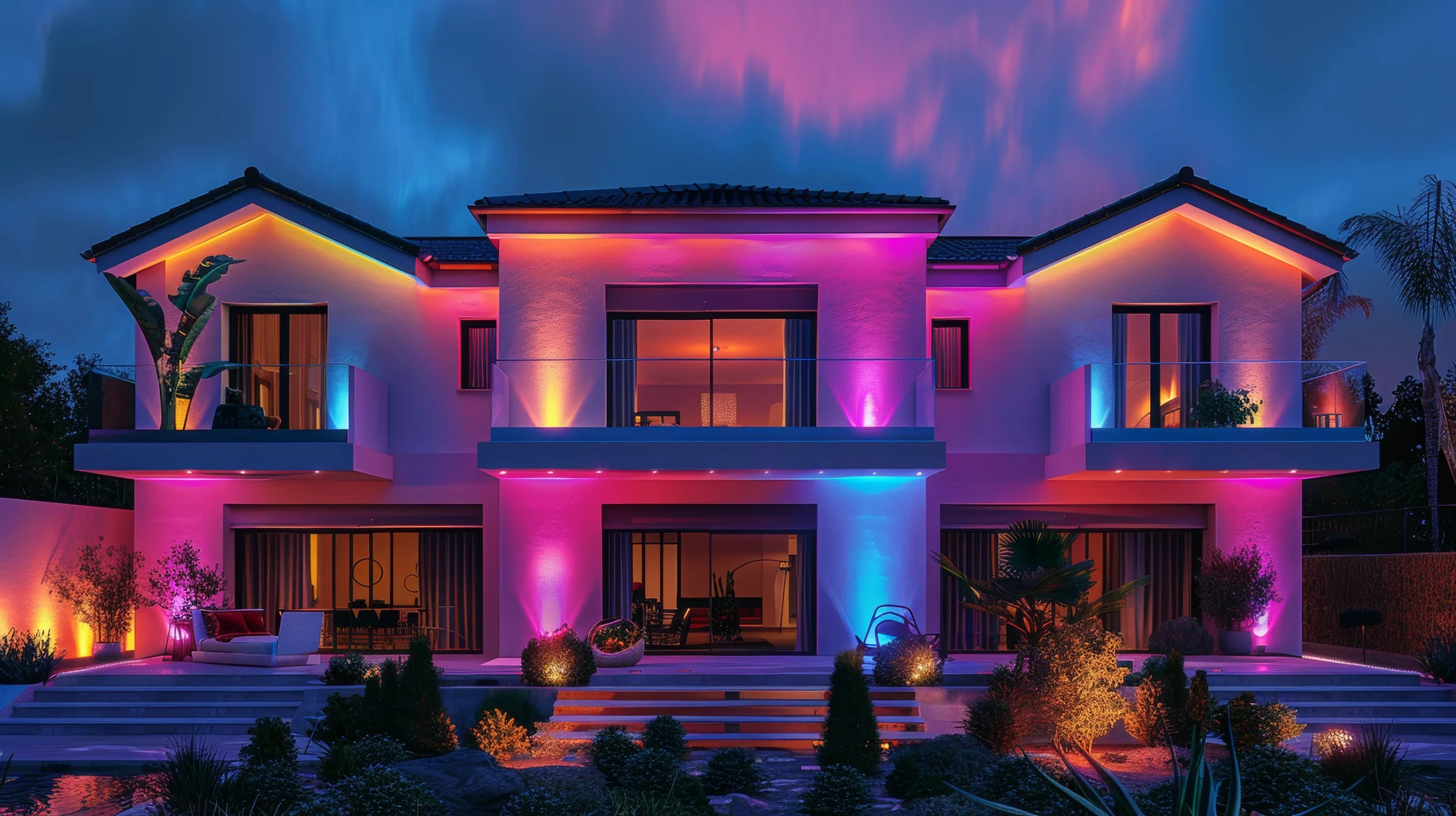 Modern house illuminated with colorful outdoor lighting at night, featuring large windows, palm trees, patio furniture, and landscaped garden.