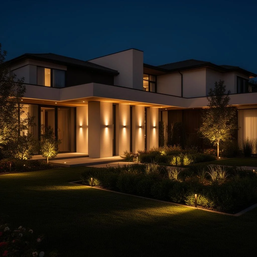 Modern house at night with exterior lighting, trees, and landscaped garden.