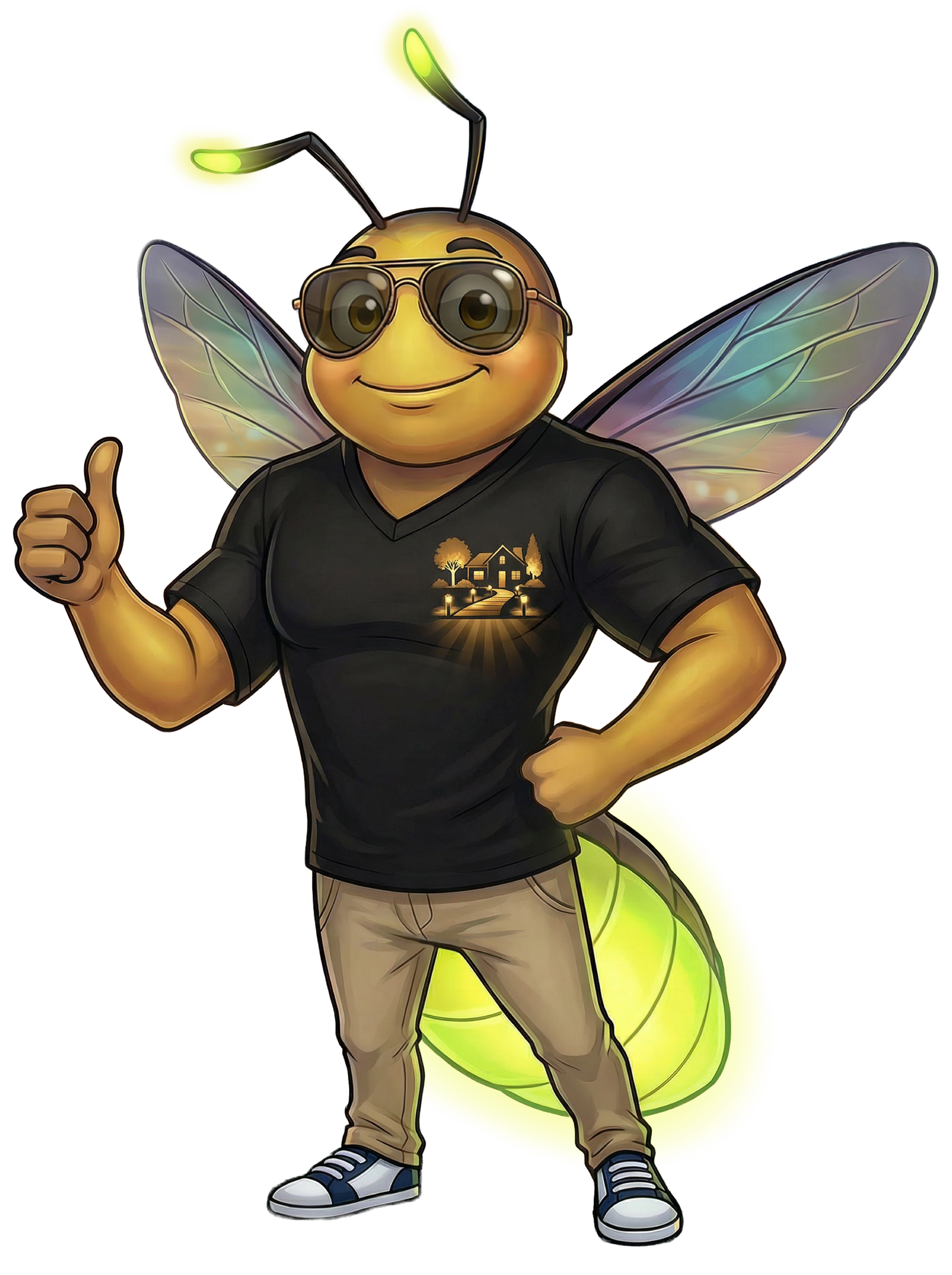 A cartoon animated character of a lightening bug wearing sunglasses, a black T-shirt with a house and trees logo, khaki pants, and sneakers, giving a thumbs-up and standing with one hand on his hip.