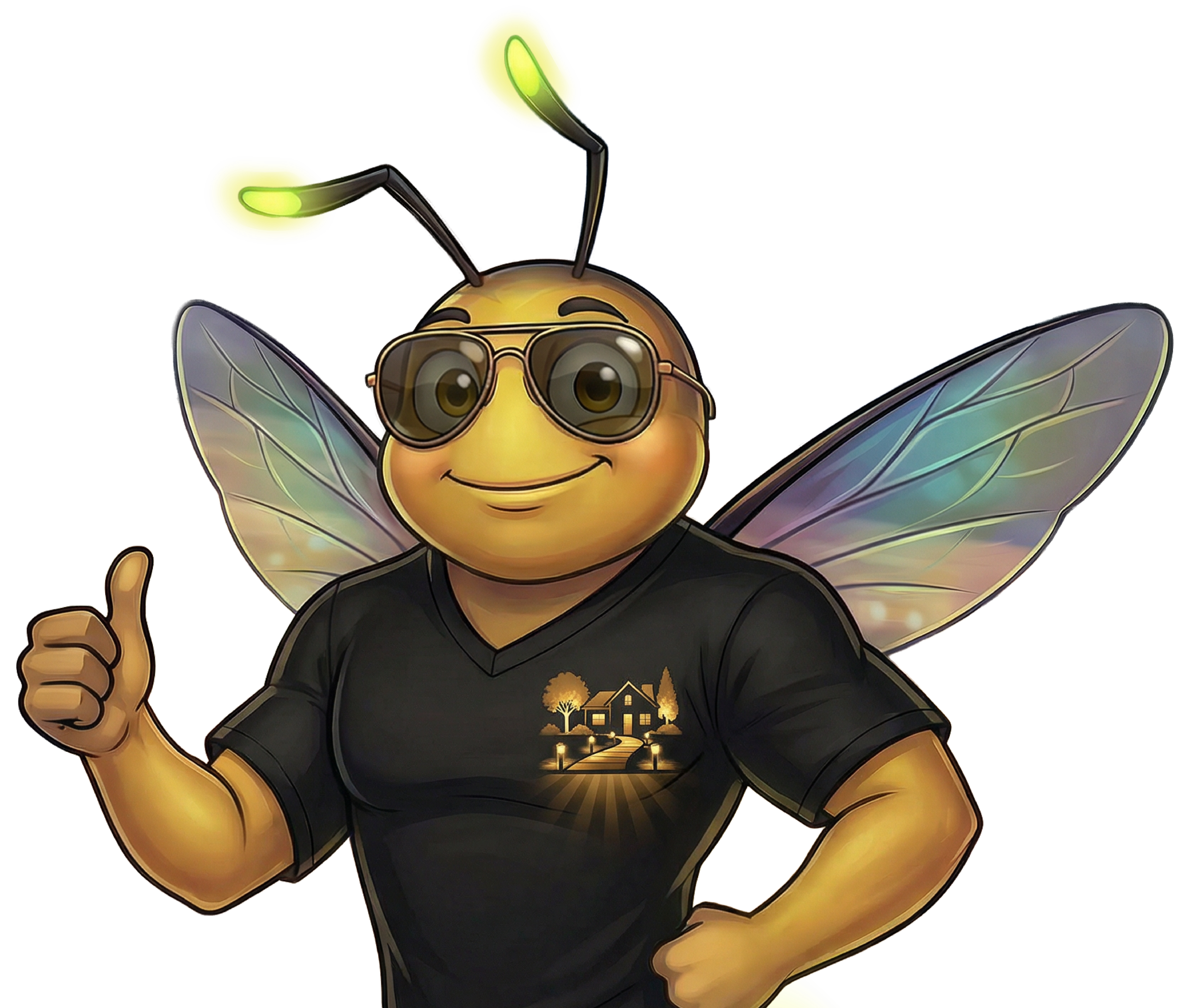 Cartoon bee wearing sunglasses and a black t-shirt giving a thumbs up, with detailed wings, antennae, and a happy expression.