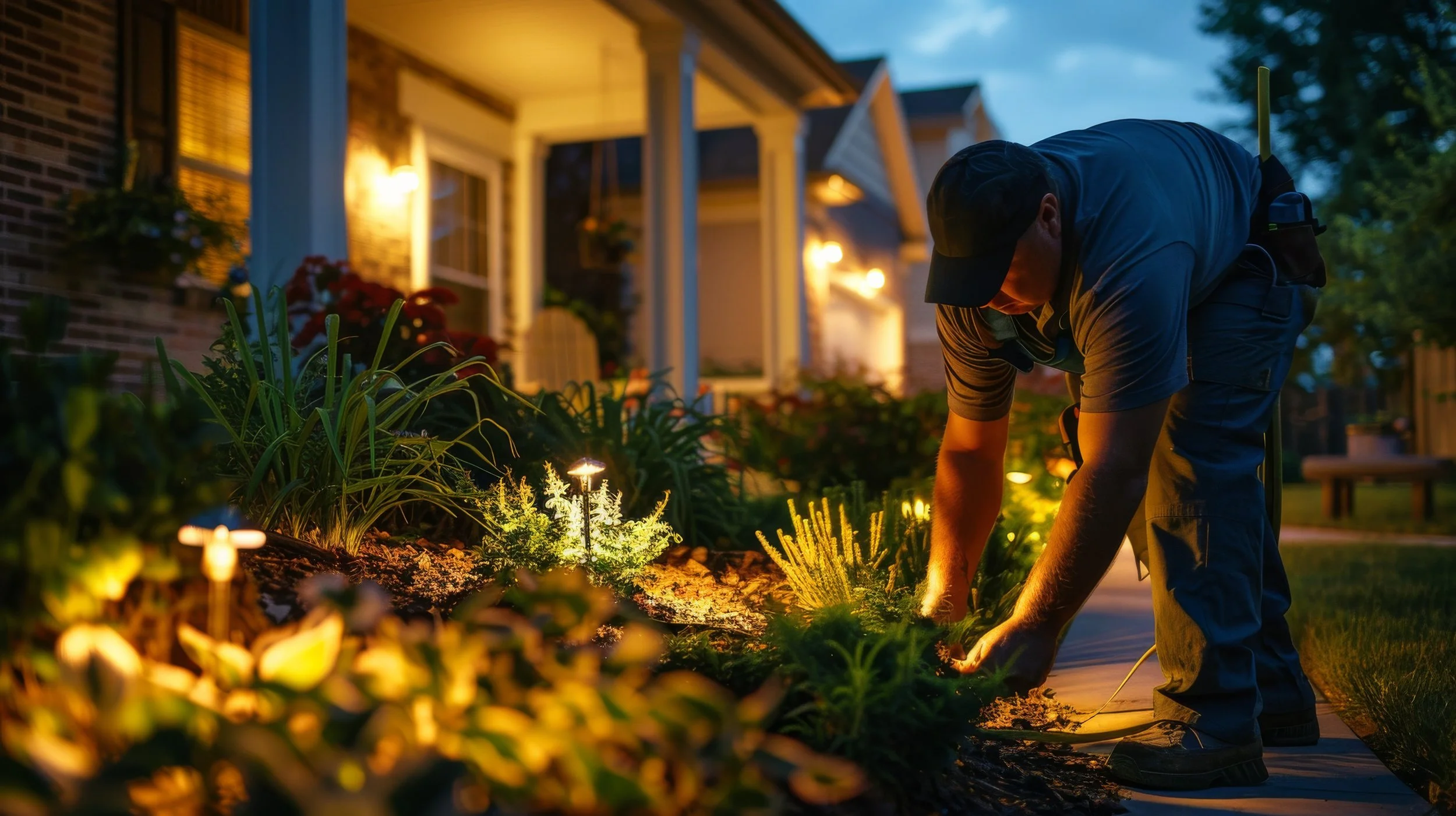A man tending to illuminated plants in a garden at dusk, with a house and porch lights in the background.