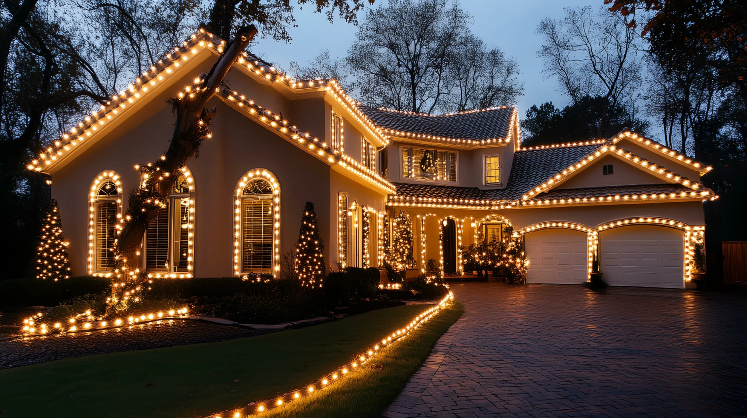 A house decorated with Christmas lights at dusk, with lights outlining the roof, windows, and garage, and Christmas trees decorated with lights in the yard.