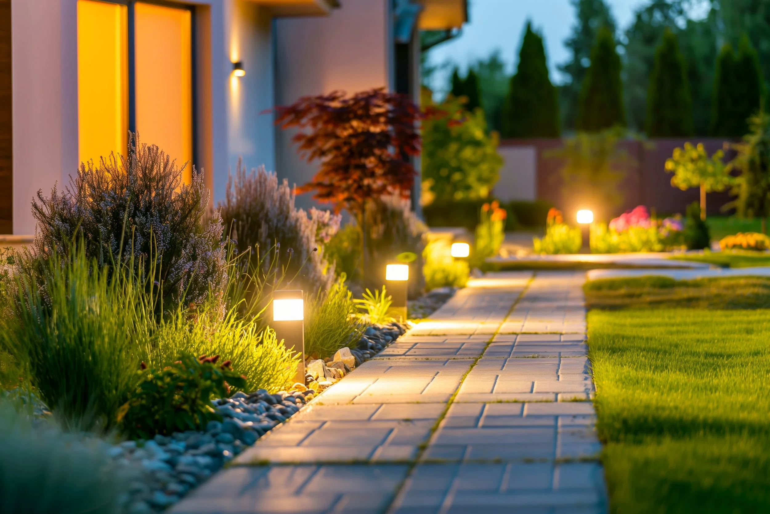 A beautifully landscaped walkway illuminated by small outdoor lights at dusk, with various plants, trees, and a house in the background.