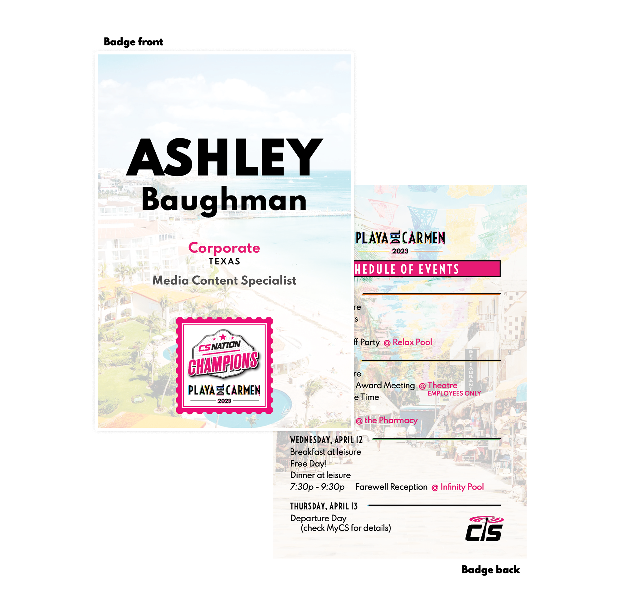 telecommunications company trip incentive name badge design