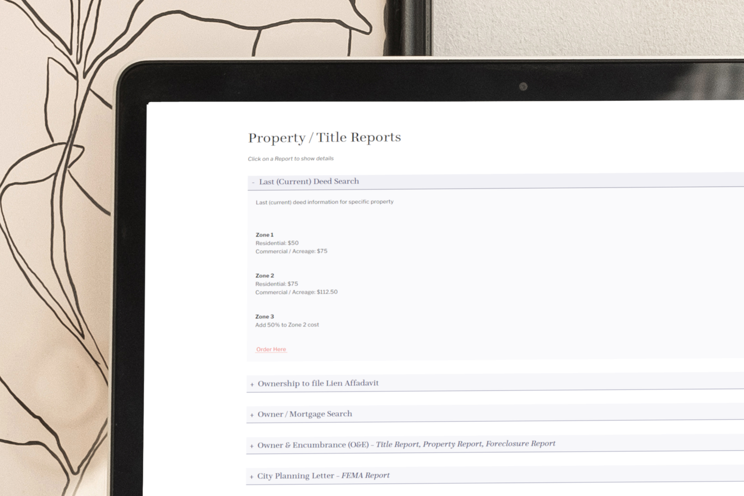 title research company information accordion dropdowns