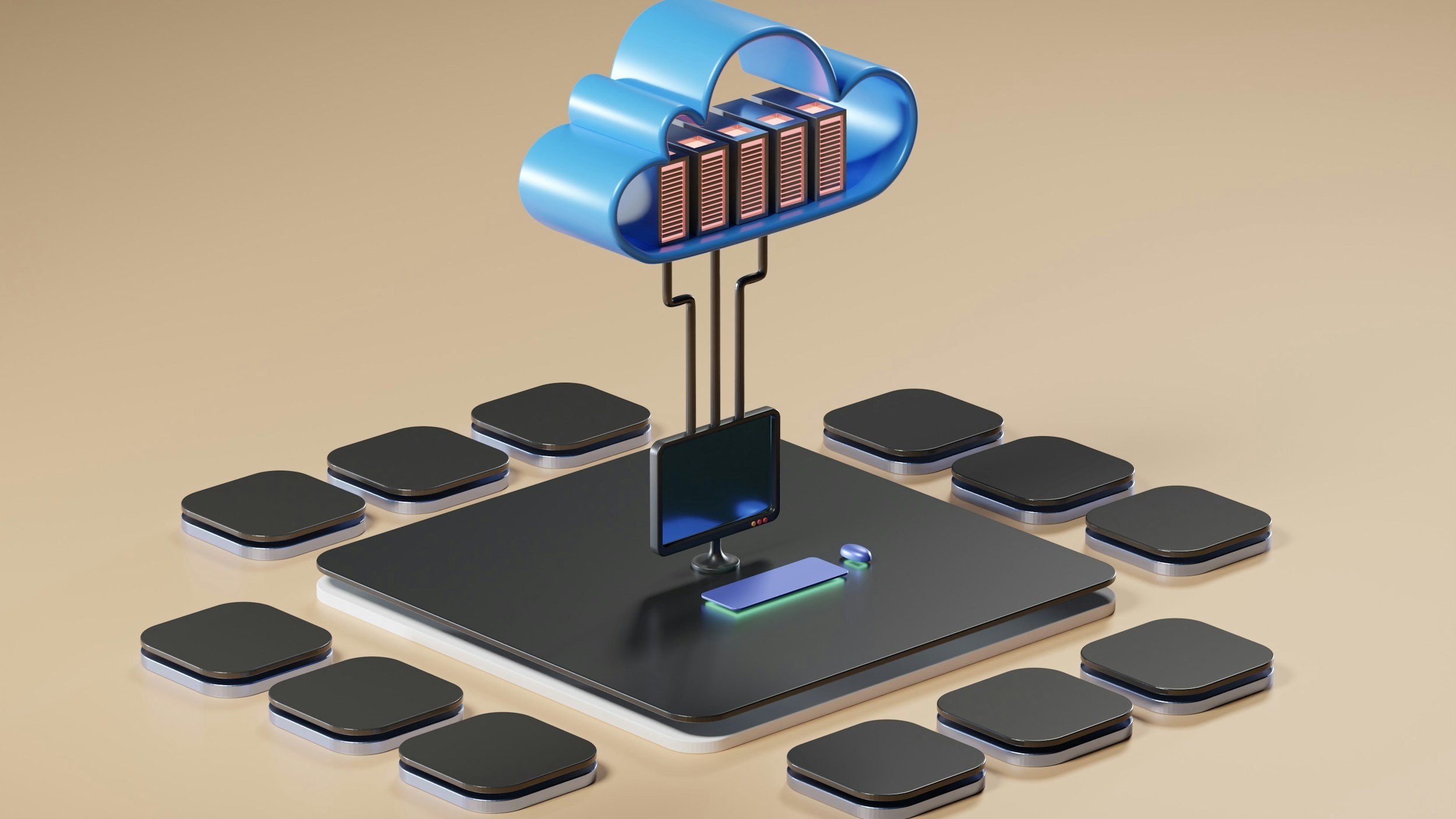 A digital illustration of cloud technology with a cloud icon containing a bar chart, connected to multiple square devices on a beige background.