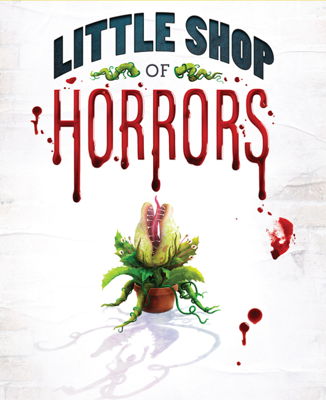Poster for Little Shop of Horrors featuring a blood-dripping plant with tendrils, leaves, and a pot, with the title in large letters above.