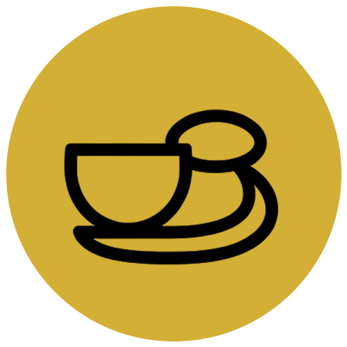 Icon of a bowl with a spoon and a plate with two slices of bread on a gold circular background.