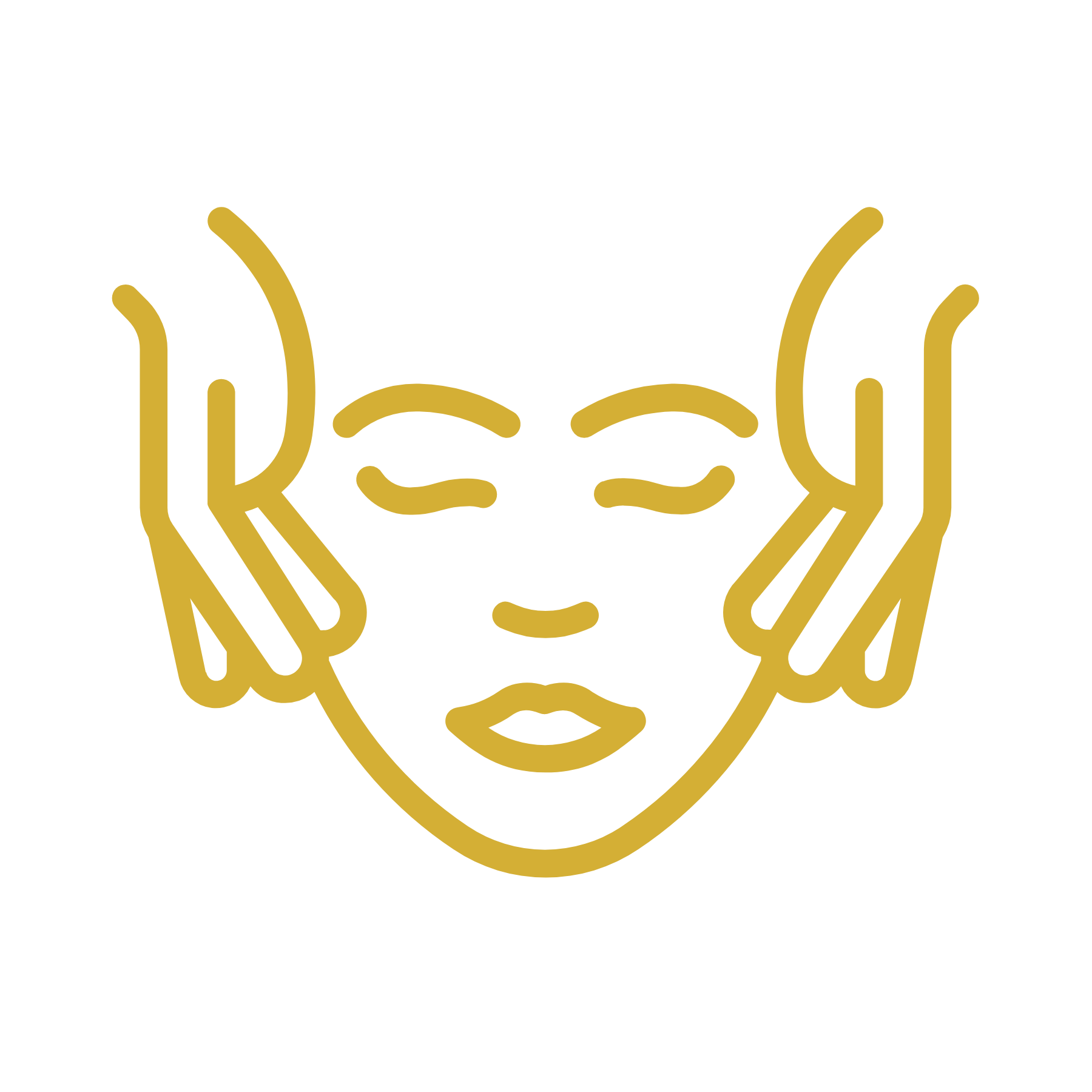 Gold outline illustration of a face with closed eyes, nose, lips, and stylized hands framing the face on either side, on a black background.