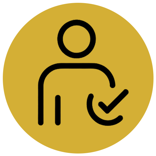 Person icon with a check mark, signifying approval or completion, on a gold background.