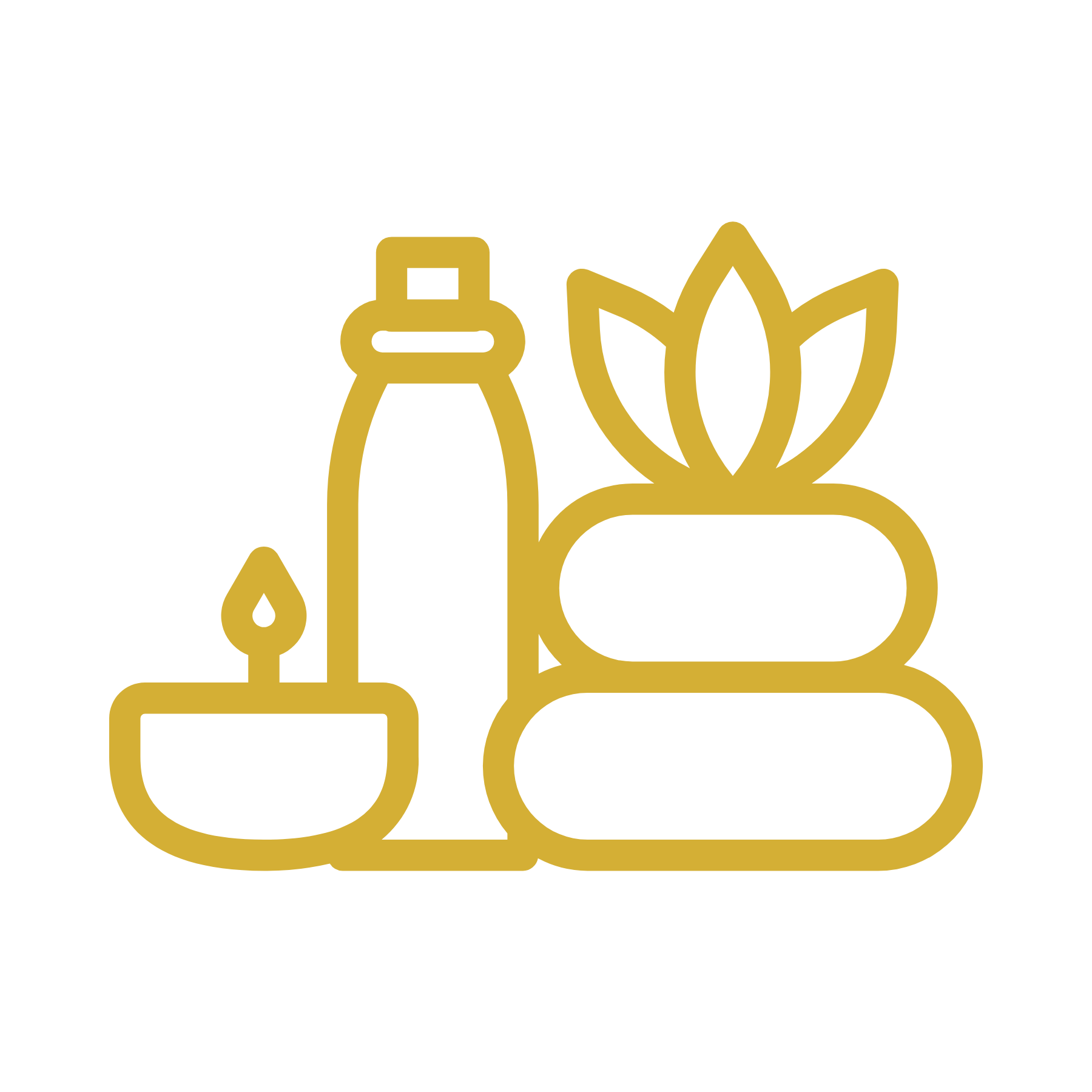 Line art illustration of a beauty or skincare scene featuring a bottle, a candle, a small jar, and a potted plant with three leaves.