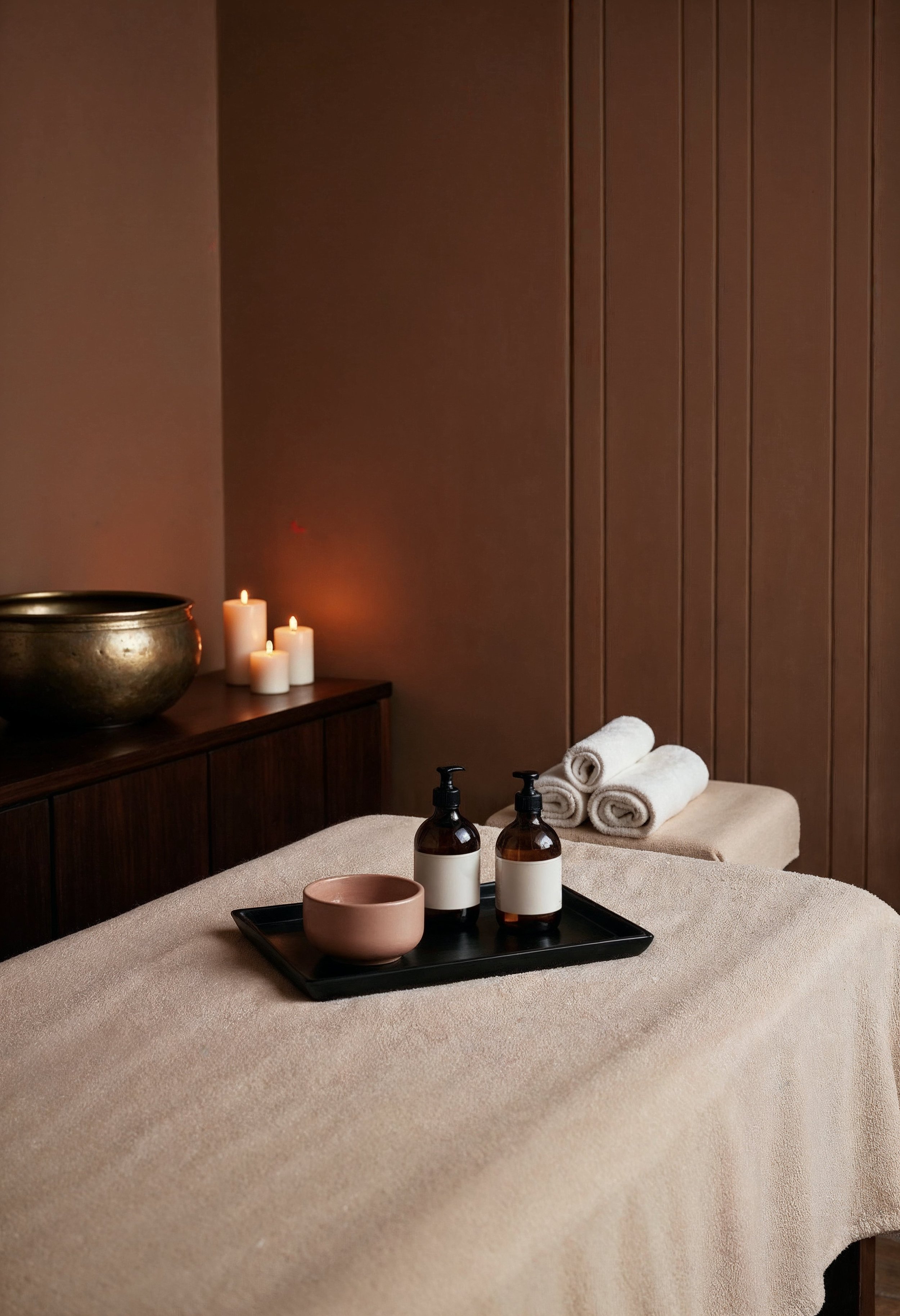 A massage table covered with a beige towel, adorned with rolled white towels and a black tray holding two brown bottles and a pink bowl, in a cozy room with candles and wooden wall paneling.