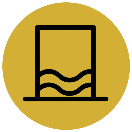 Black outline of a glass of water with waves inside on a gold circular background.
