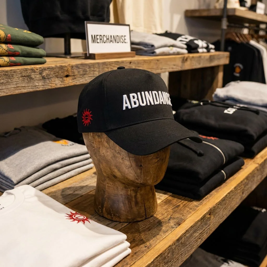 Black baseball cap with the word 'ABUNDANCE' on the front and a red sun graphic on the side, displayed on a wooden mannequin head in a retail store. The store has folded clothing on shelves and a sign that reads 'MERCHANDISE' in the background.